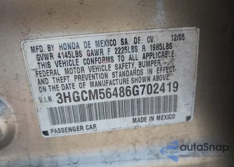 2006 Honda Accord Lx from USA, damaged, VIN 3HGCM56486G702419